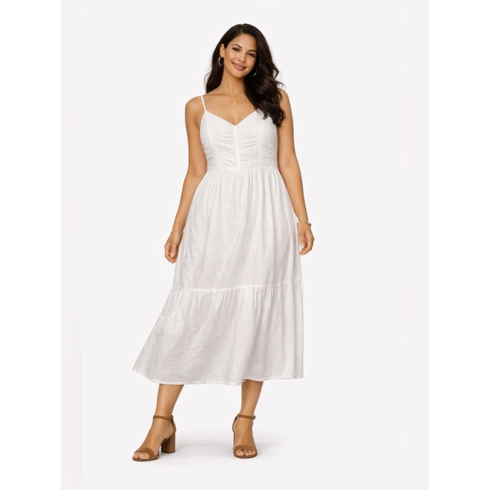 White Sundress Ruched Bodice Flowy Tiered Vacation Brunch NWT Sz Lg Coastal Chic